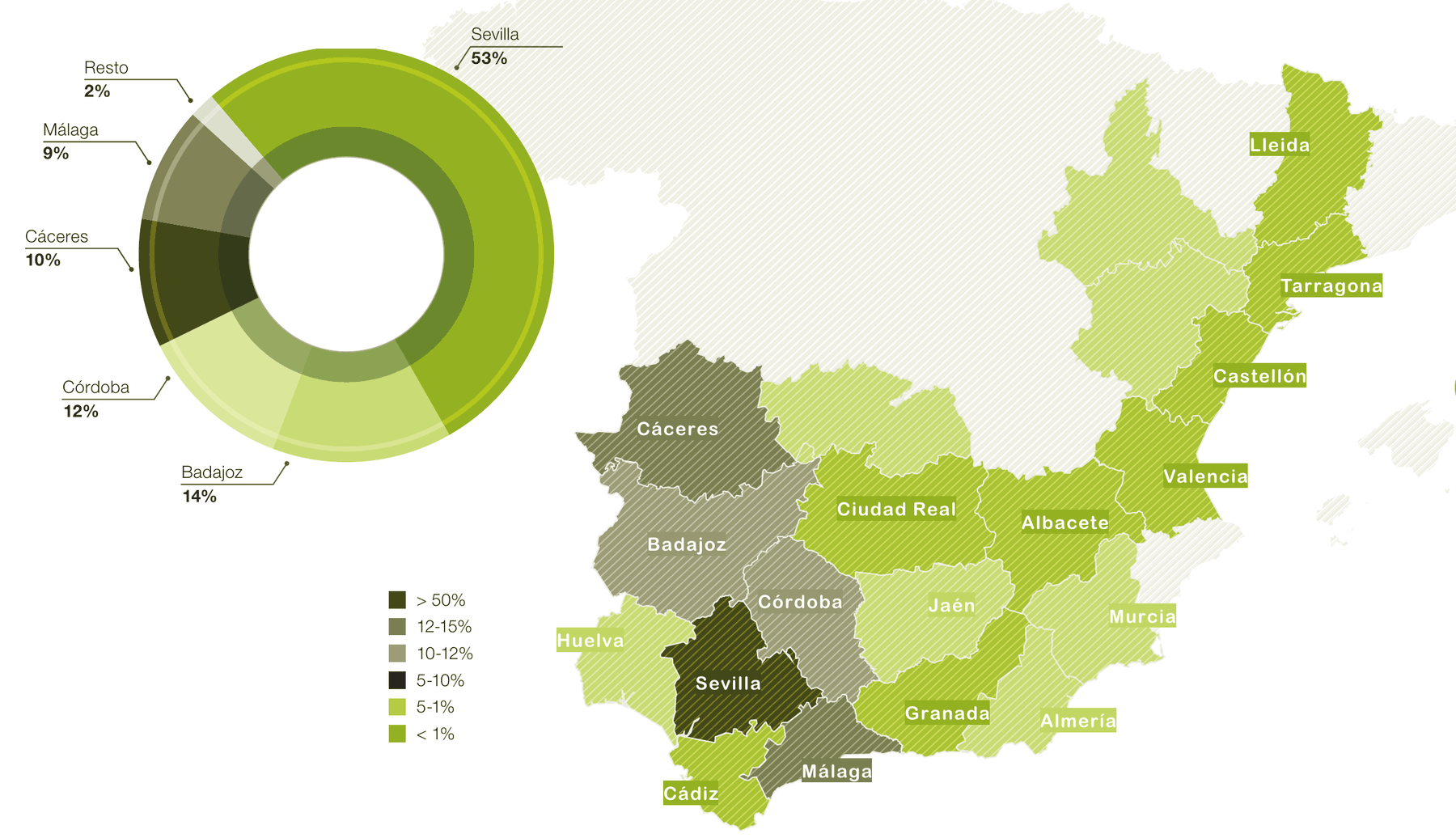 Gráfico de anillo con el reparto de la producción nacional de aceitunas de mesa (Sevilla 53%, Badajoz 14%, Córdoba 12%, Cáceres 10%, Málaga 9%, resto 2%), superpuesto a un mapa de España que colorea cada provincia según el peso de su olivar de mesa. Sevilla es la única por encima del 50%.